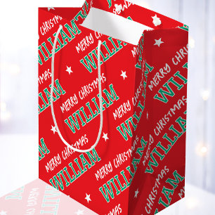 Merry Christmas Name Typography Red Green Medium Gift Bag