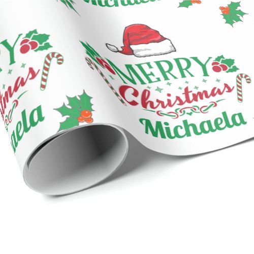 Merry Christmas Name w Santa Hat Candy Canes Holly Wrapping Paper