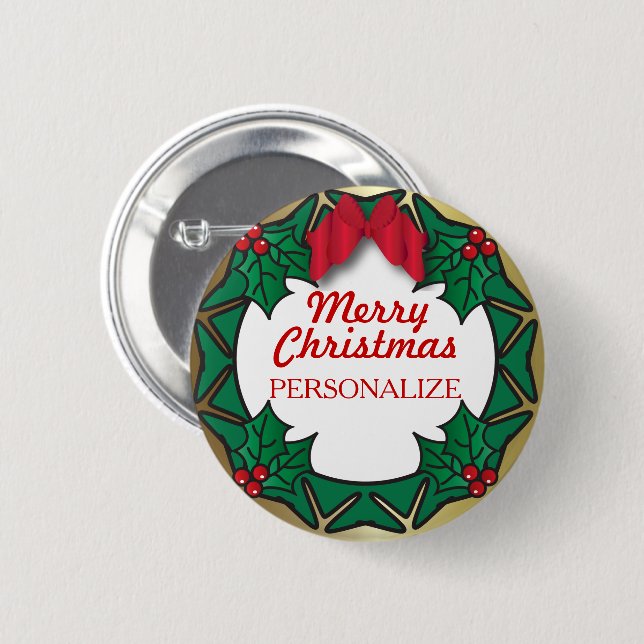 Merry Christmas Name Wreath Pinback Button (Front & Back)
