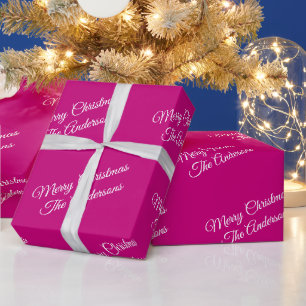 Merry Christmas, Names, White Script on Fuchsia Wrapping Paper