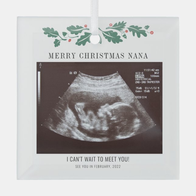 Merry Christmas Nana Pregnancy Ultrasound Photo Glass Ornament (Front)