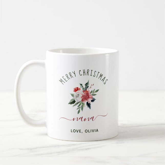 Merry Christmas Nana | Pretty Watercolor Floral Coffee Mug (Left)