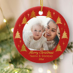Merry Christmas Nanna & Grandad - Red Gold Photo Ceramic Ornament<br><div class="desc">Personalize this elegant Christmas ornament as a gift for Nanna & Grandad (or whoever you wish) as a keepsake for a new baby or just to share a lovely photo. The template is set up for you to add your favorite photo, your greeting, a name and the year. Your photo...</div>