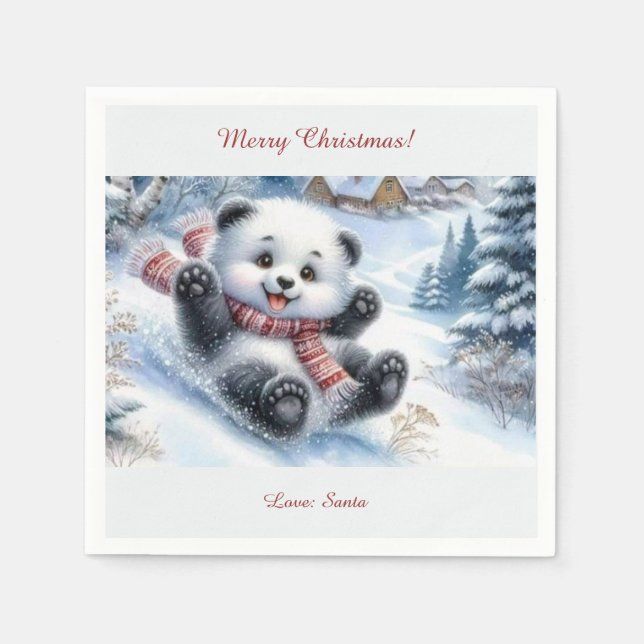 Merry Christmas Napkin! Funny bear on a sled Napkins (Front)