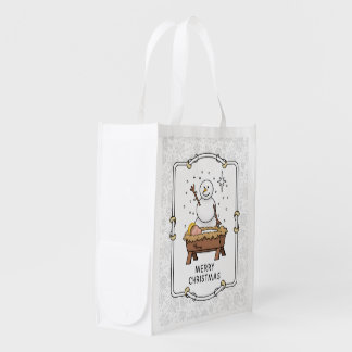 Merry Christmas Nativity Baby Jesus Snowman Grocery Bag