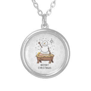 Merry Christmas Nativity Baby Jesus Snowman Silver Plated Necklace