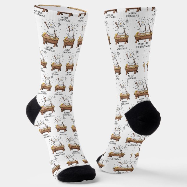 Merry Christmas Nativity Baby Jesus Snowman Socks (Angled)
