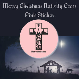 Merry Christmas Nativity Cross Pink Classic Round Sticker