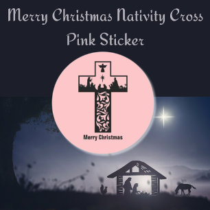 Merry Christmas Nativity Cross Pink Classic Round Sticker