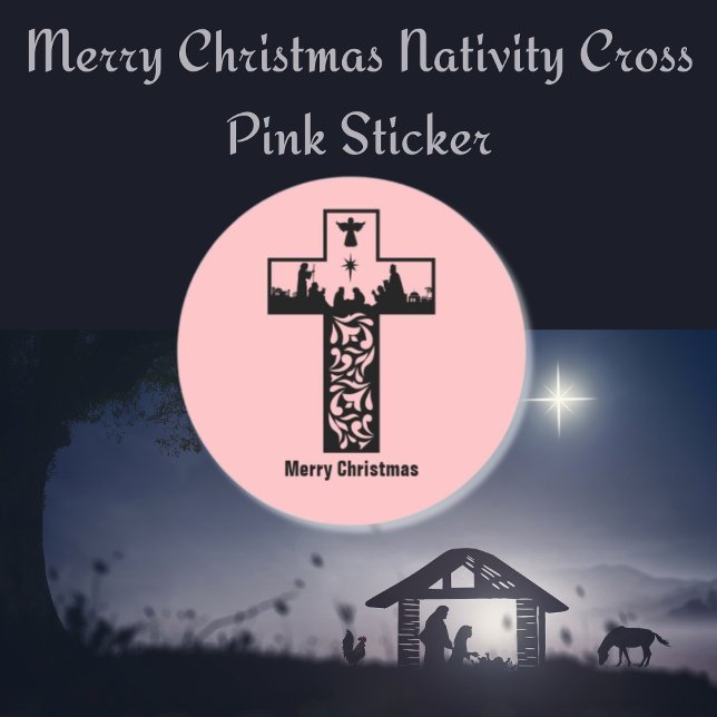 Merry Christmas Nativity Cross Pink Classic Round Sticker (Merry Christmas Nativity Cross Pink Classic Round Sticker)