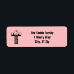 Merry Christmas Nativity Cross Pink Label<br><div class="desc">A beautiful nativity scene inside the Christian cross. Featuring Joseph and Mary,  and baby Jesus in a manger with the star of Bethlehem & angel above. Trendy pink background with silhouette and black typography.
#Christmas #nativity #pink #cross #Jesus</div>