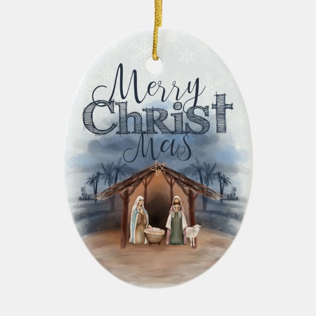 Merry Christmas Nativity custom photo / year Ceramic Ornament (Front)