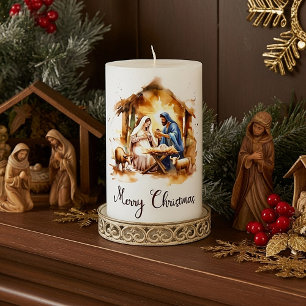 Merry Christmas Nativity Pillar Candle