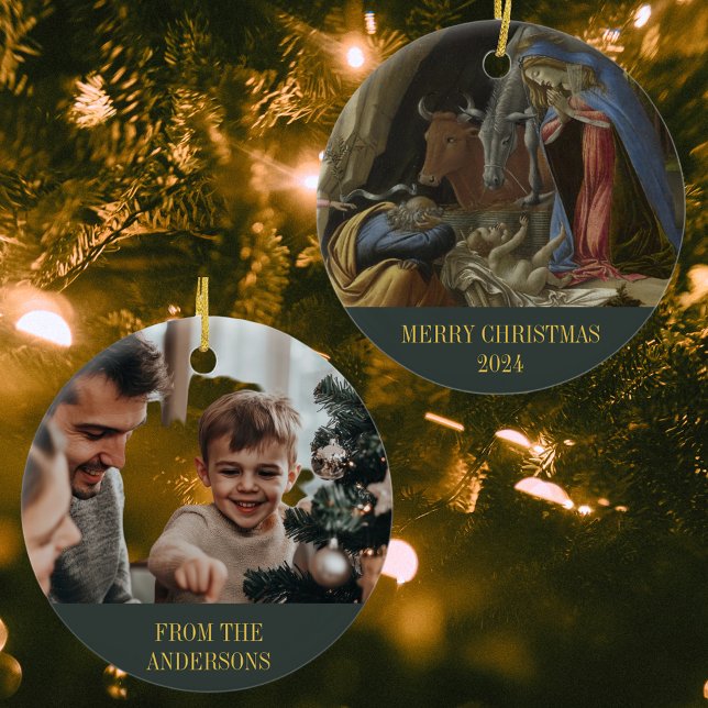 Merry Christmas Nativity Religious Christian Photo Ceramic Ornament (Merry Christmas Nativity Scene Religious Christian Catholic Sandro Botticelli Photo Ceramic Ornament)