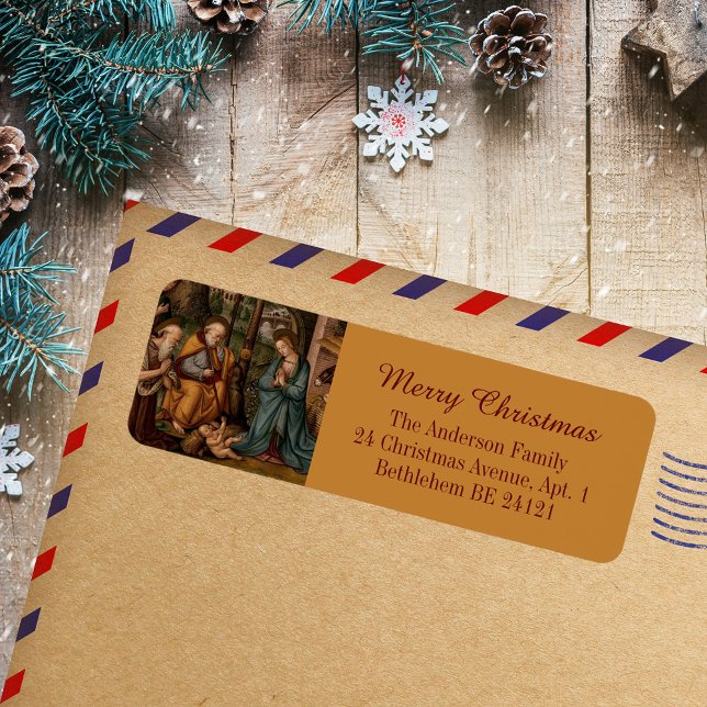 Merry Christmas Nativity Scene Christian Catholic Label (Merry Christmas Classic Vintage Nativity Scene Religious Christian Catholic Return Address Label)