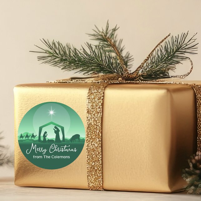 Merry Christmas Nativity Scene Green Religious Classic Round Sticker (Creator Uploaded)