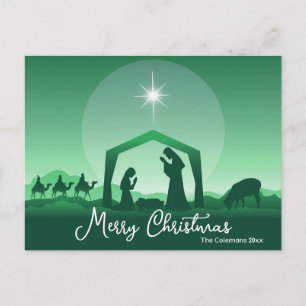 Merry Christmas Nativity Scene Green Religious Holiday Postcard