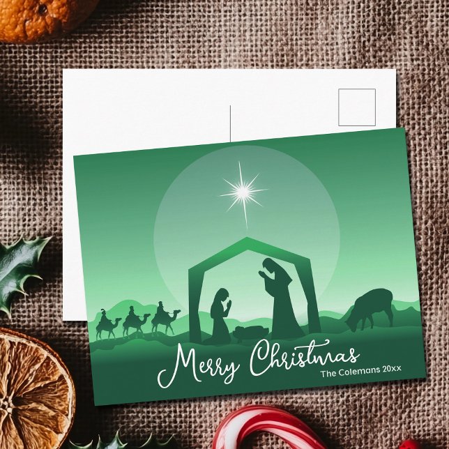 Merry Christmas Nativity Scene Green Religious Holiday Postcard (Creator Uploaded)