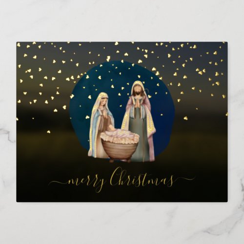 Merry Christmas Nativity Scene Painting Foil Holiday Postcard