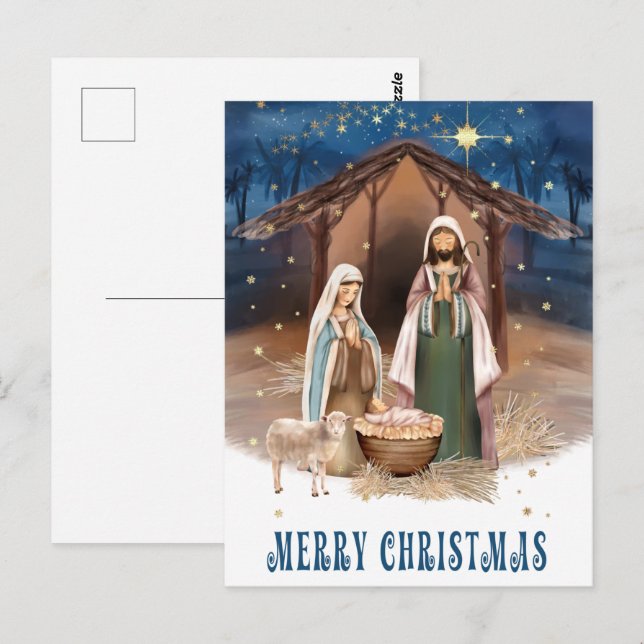 Merry Christmas. Nativity Scene Painting Holiday Postcard (Front/Back)