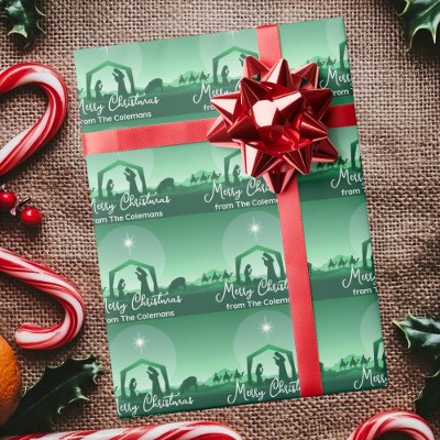 Merry Christmas Nativity Scene Personalized Green Wrapping Paper