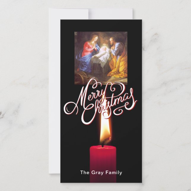 Merry Christmas Nativity Scene Red Candle Holiday Card (Front)