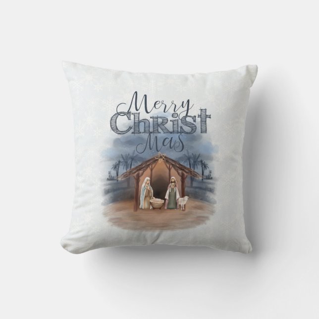 Merry Christmas Nativity Throw Pillow (Front)