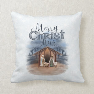 Merry Christmas Nativity Throw Pillow