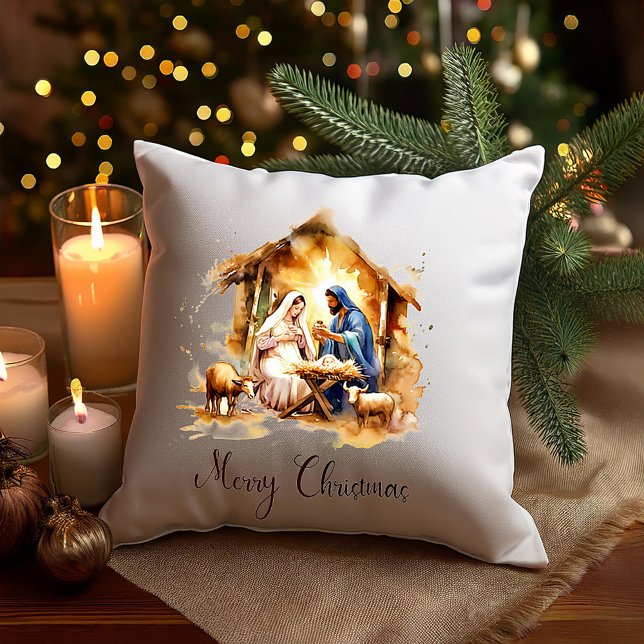 Merry Christmas Nativity Throw Pillow (Creator Uploaded)