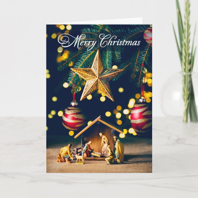 Merry Christmas Nativity  Under Tree  Holiday Card (Front)
