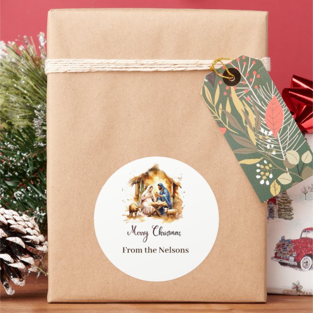 Merry Christmas Natvity personalized Classic Round Sticker (Holiday)