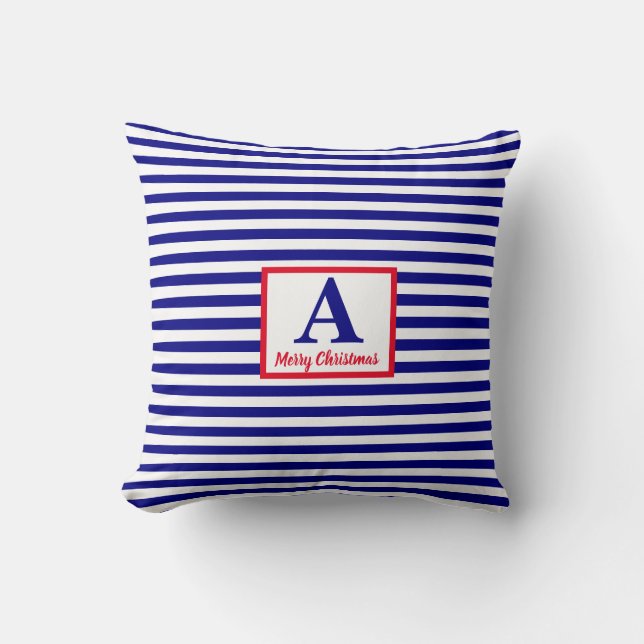 Merry Christmas Nautical Monogram Red Blue White Throw Pillow (Front)