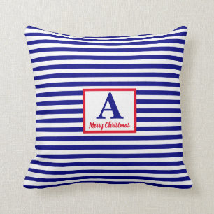 Merry Christmas Nautical Monogram Red Blue White Throw Pillow