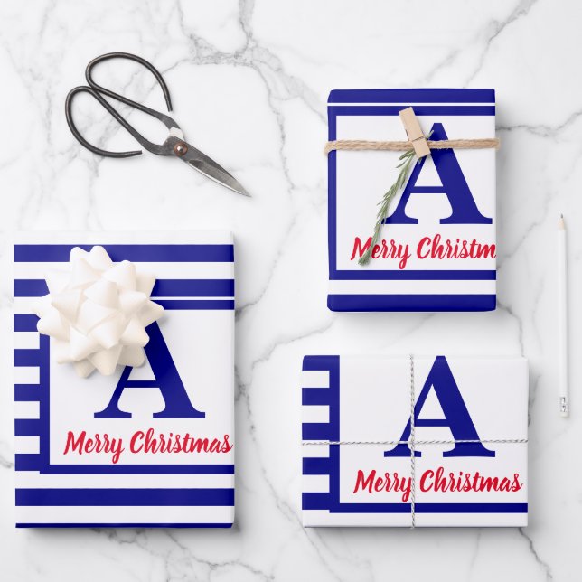 Merry Christmas Nautical Monogram Red Blue White Wrapping Paper Sheets (Front)