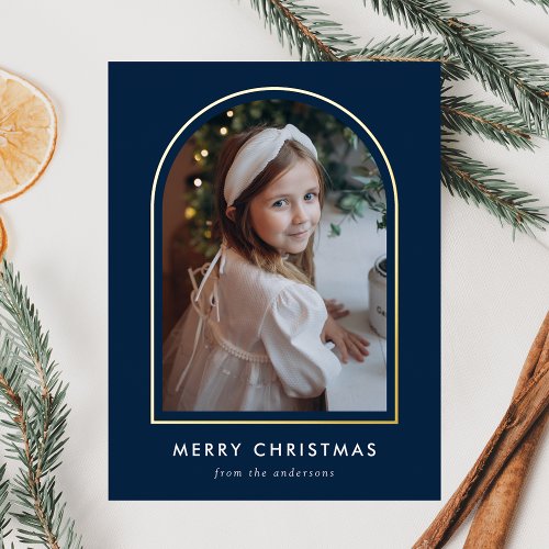 Merry Christmas Navy Arch Photo Foil Holiday Postcard