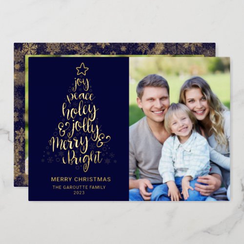 Merry Christmas Navy Blue 2 Photo Gold Foil Holiday Card
