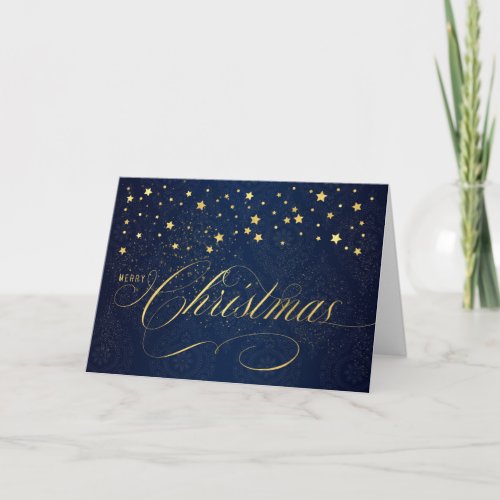 Merry Christmas Navy Blue and Faux Gold Leaf Holiday Card