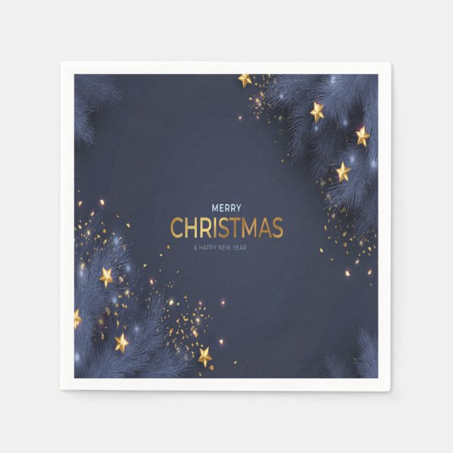 Merry Christmas Navy Blue and Gold Typography  Napkins (Front)