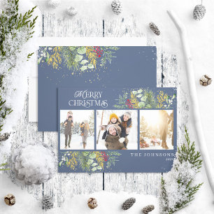 Merry Christmas Navy Blue Gold Botanical Photo Holiday Card