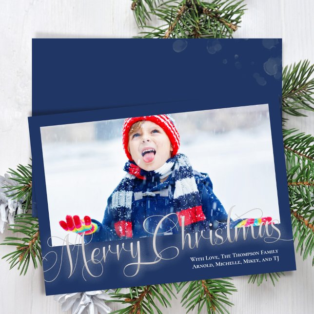 Merry Christmas Navy Blue One Photo Script Holiday Card (Merry Christmas is classic silver with Navy Blue. )