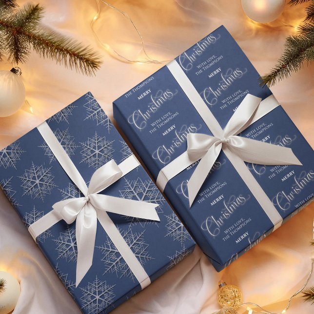 Merry Christmas Navy Blue Personalized Wrapping Paper Sheets (Merry Christmas navy blue and silver wrapping paper. )