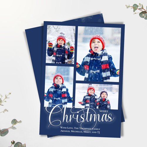 Merry Christmas Navy Blue Photo Collage Holiday Card