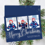 Merry Christmas Navy Blue Photo Collage Script Holiday Card<br><div class="desc">This design features a merry Christmas card,  with navy blue and silver,  with calligraphy brush script,  a simple minimalist,  trendy typography design with a multi-photo collage template,  a modern minimal,  classic traditional,  holiday photo card,  with classy contemporary style.</div>