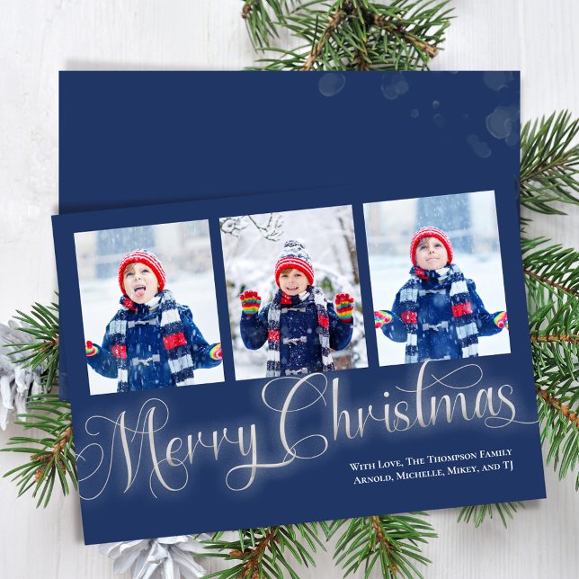 Merry Christmas Navy Blue Photo Collage Script Holiday Card (Merry Christmas in shimmering silver with Navy Blue. )