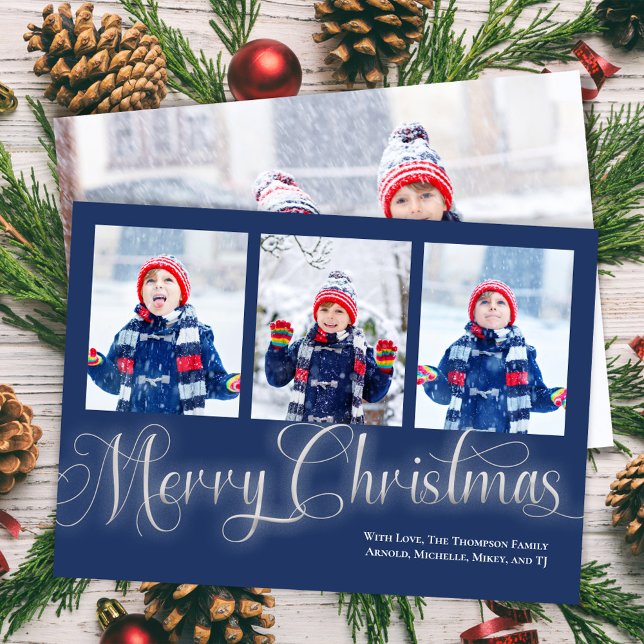 Merry Christmas Navy Blue Photo Collage Script Holiday Card (Merry Christmas in shimmering silver with Navy Blue. )