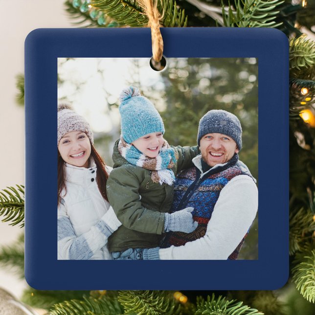 Merry Christmas Navy Blue Photo Script Ceramic Ornament (Navy blue Merry Christmas photo holiday ornament.)