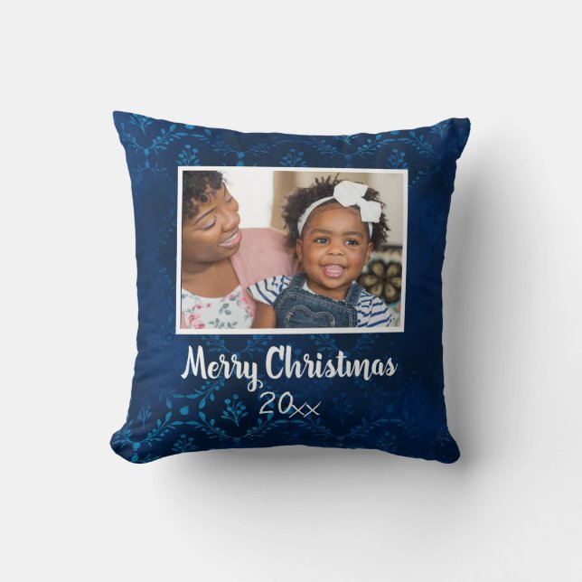 Merry Christmas Navy Blue Photo Year Throw Pillow (Front)