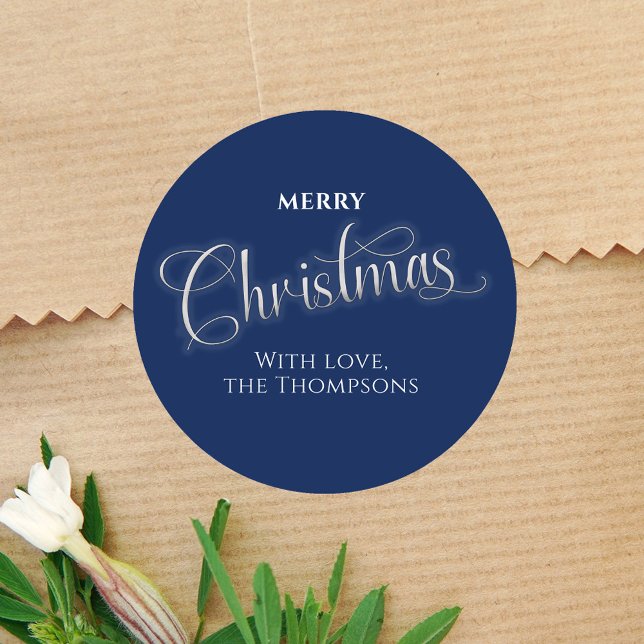 Merry Christmas Navy Blue Script Custom Classic Round Sticker (Merry Christmas navy blue gift sticker. )