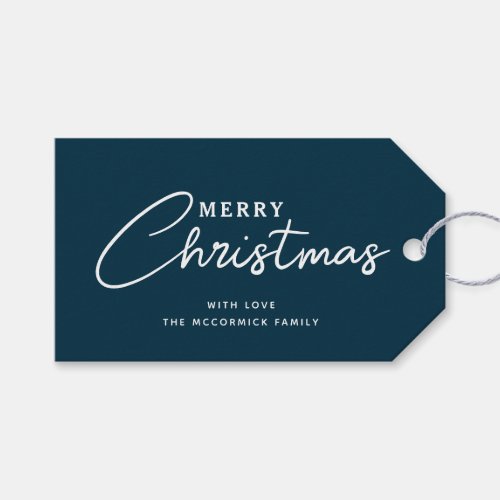 Merry Christmas Navy Blue Script Name Gift Tags