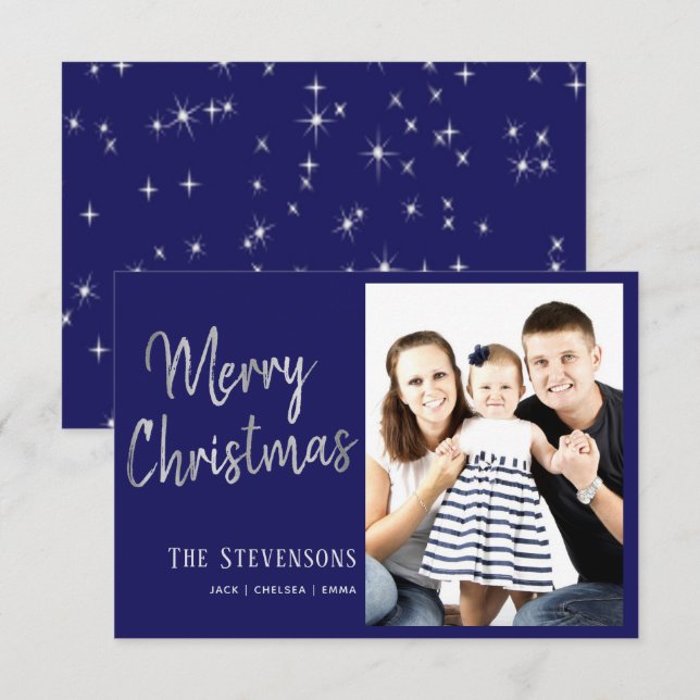 Merry Christmas | Navy Blue Silver Gray Photo Card (Front/Back)